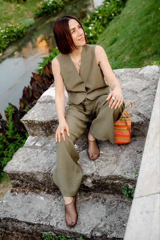 HAVEONE - Gilet crop verde militare a due bottoni