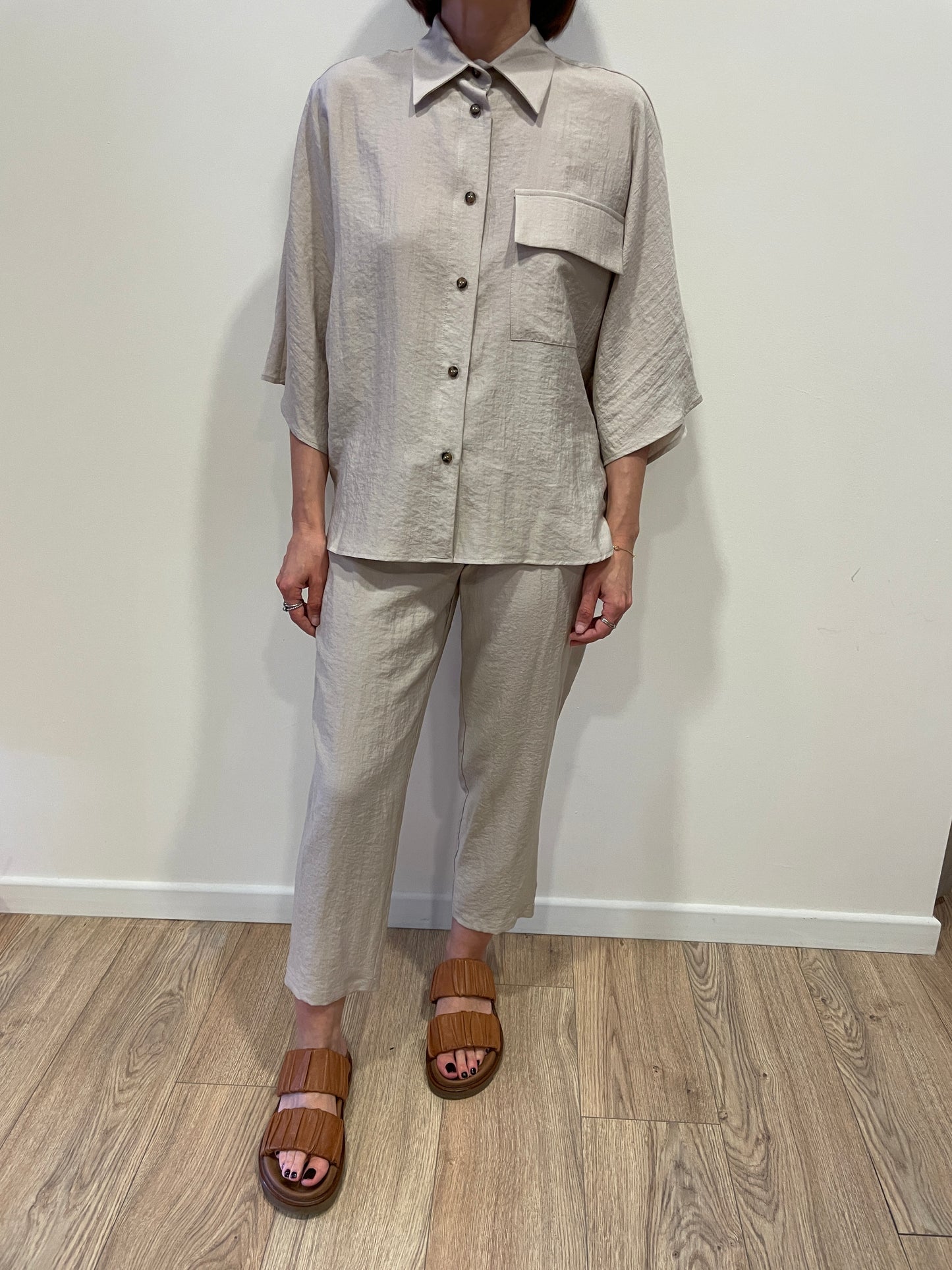 HAVEONE - Camicia con maniche a 3/4 ampie beige con bottoni