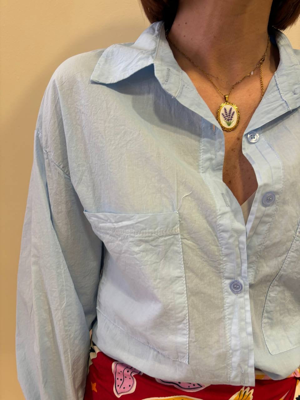 HAVEONE - Camicia in cotone azzurra con tasche frontali