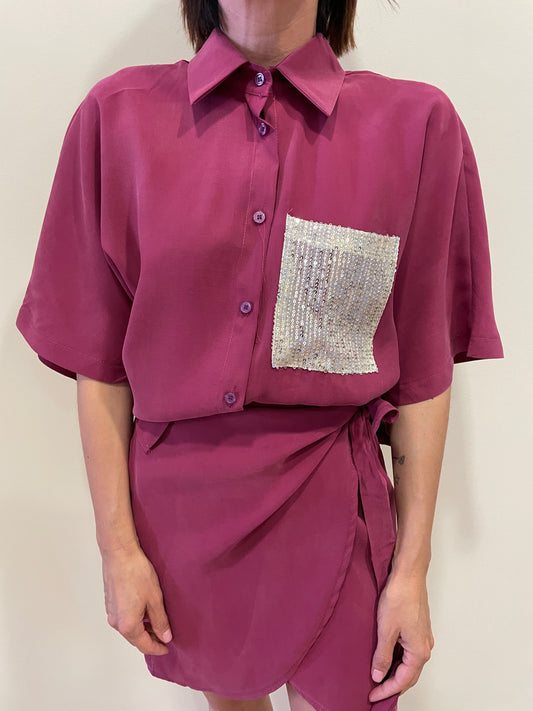 SUSY MIX - Camicia a mezze maniche morbida con taschino di paillettes color india