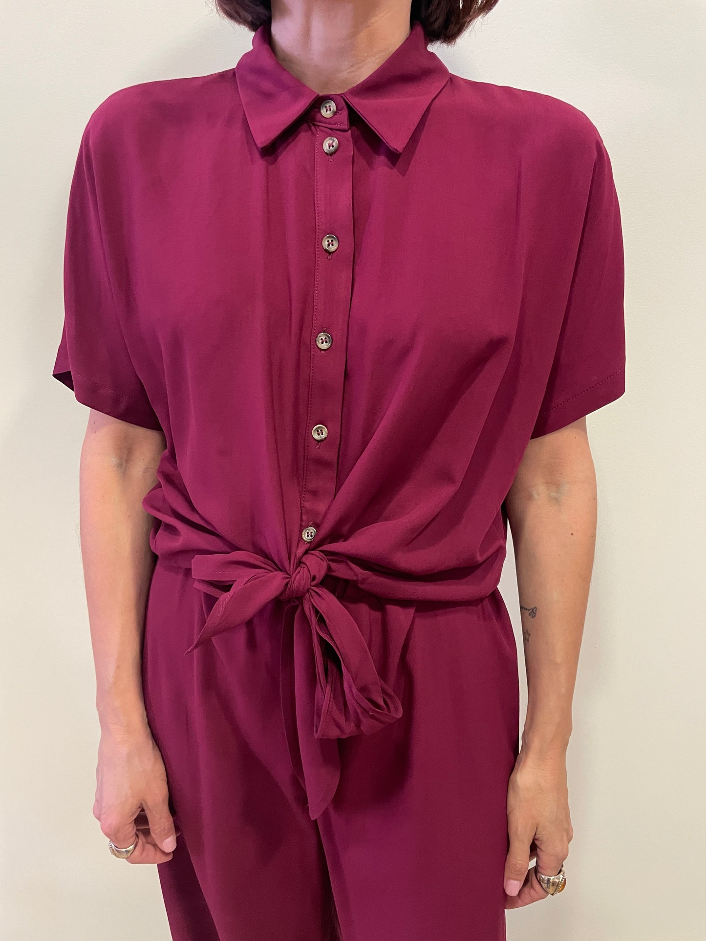 HAVEONE - Camicia a mezze maniche in viscosa con nodo color india