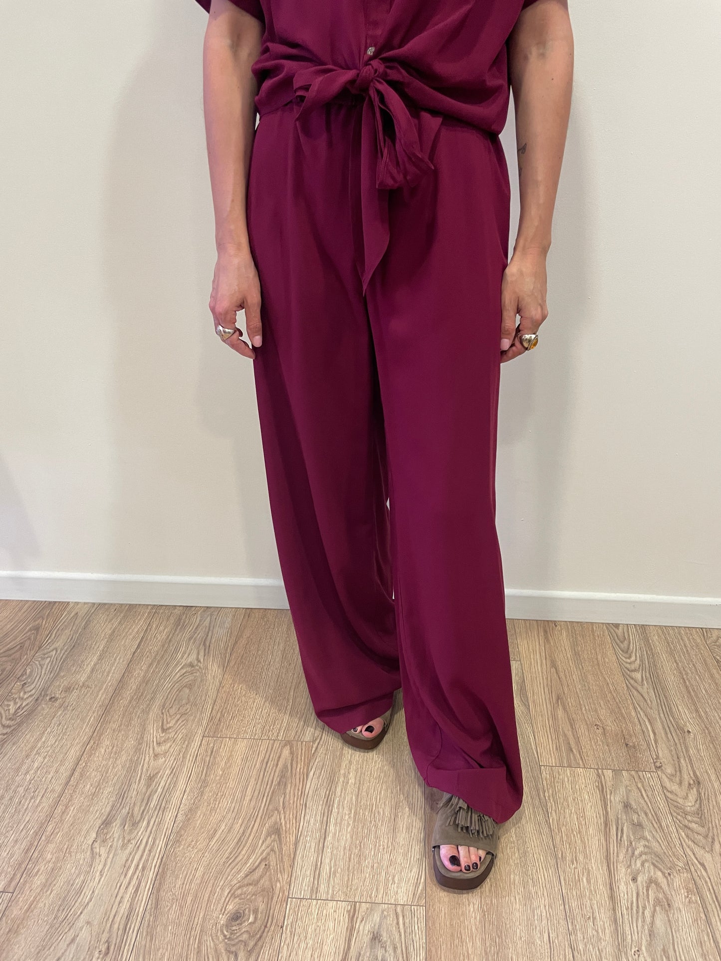 HAVEONE - Pantalone in viscosa a palazzo dritto con elastico color india