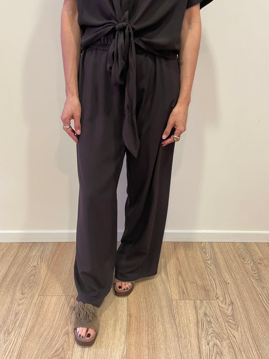HAVEONE - Pantalone in viscosa a palazzo dritto con elastico color moro