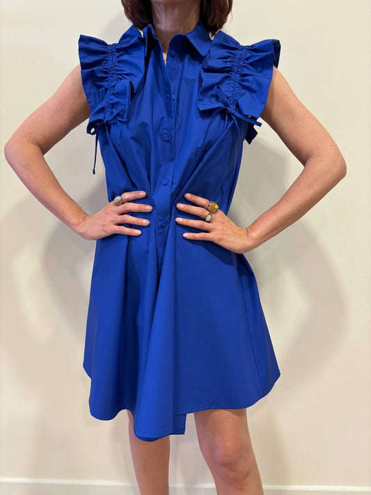 SOUVENIR - Abito corto in popeline di cotone blu royal con dettaglio arricciature