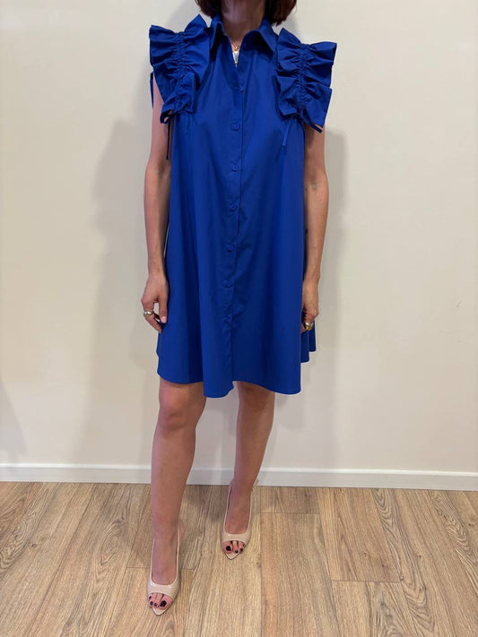SOUVENIR - Abito corto in popeline di cotone blu royal con dettaglio arricciature