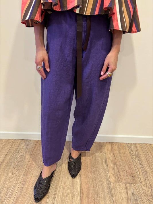 SUSY MIX - Pantalone barrel fit 100% lino color viola