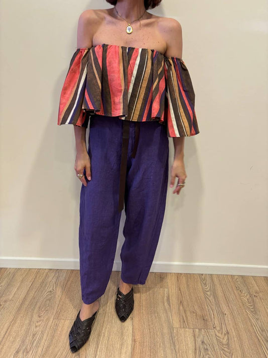 SUSY MIX - Pantalone barrel fit 100% lino color viola