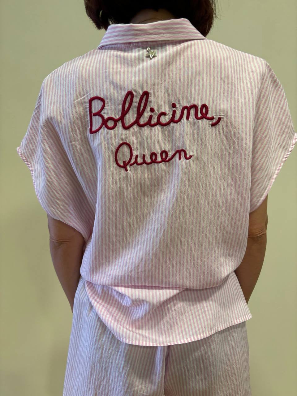 SOUVENIR - Camicia in cotone a mezze maniche a righe verticali bianca e rosa con nodo