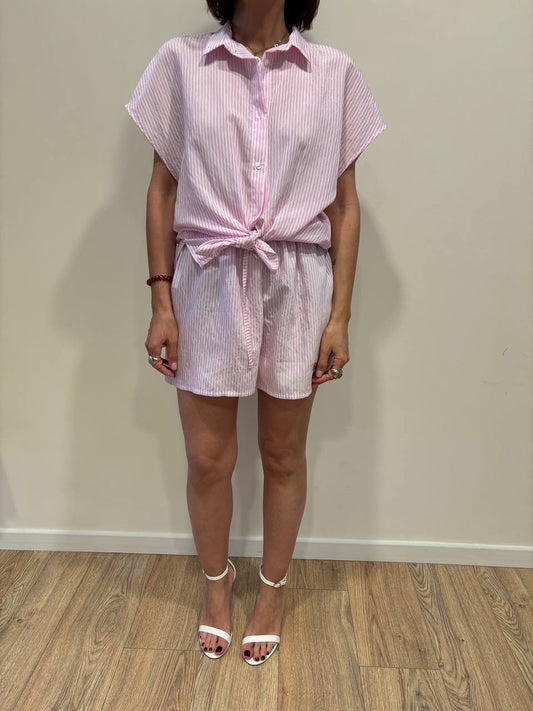 SOUVENIR - Shorts in cotone a righe bianche e rosa con scritta "bollicine queen"