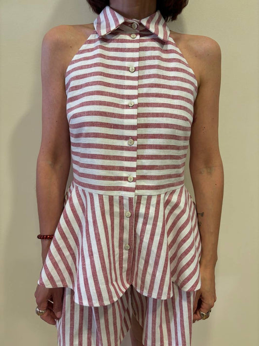 SOUVENIR - Camicia smanicata a righe orizzontali burro e rosse con balza in misto cotone e lino