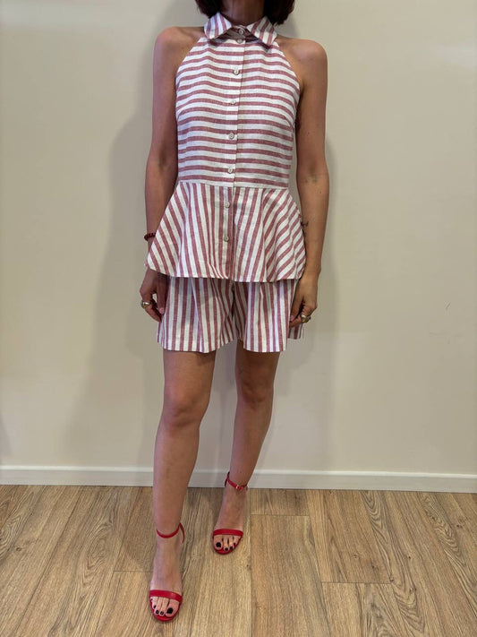 SOUVENIR - Shorts a farfalla a righe verticali burro e rosse in misto lino e cotone