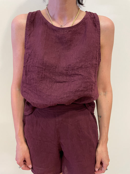 SUSY MIX - Top 100% lino a scatoletta a girocollo color fico
