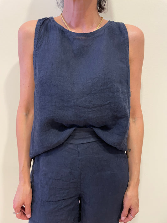 SUSY MIX - Top 100% lino a scatoletta a girocollo color blu