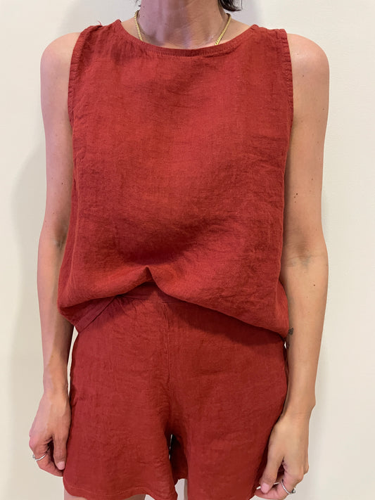 SUSY MIX - Top 100% lino a scatoletta a girocollo color ruggine