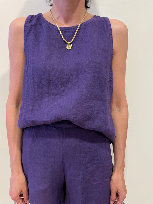 SUSY MIX - Top 100% lino a scatoletta a girocollo color viola