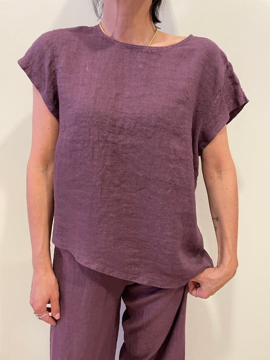SUSY MIX - Set coordinato con blusa asimmetrica e pantalone a palazzo 100% lino color fico