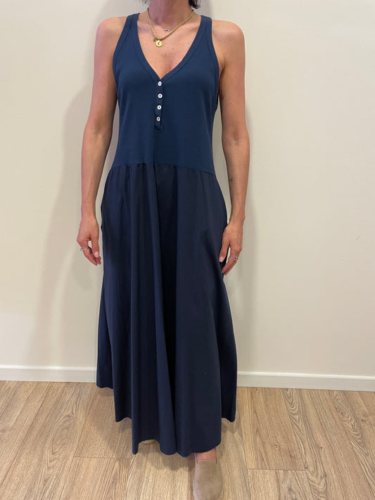 SUSY MIX - Abito lungo con top a costine e bottoni e gonna con tasche color blu