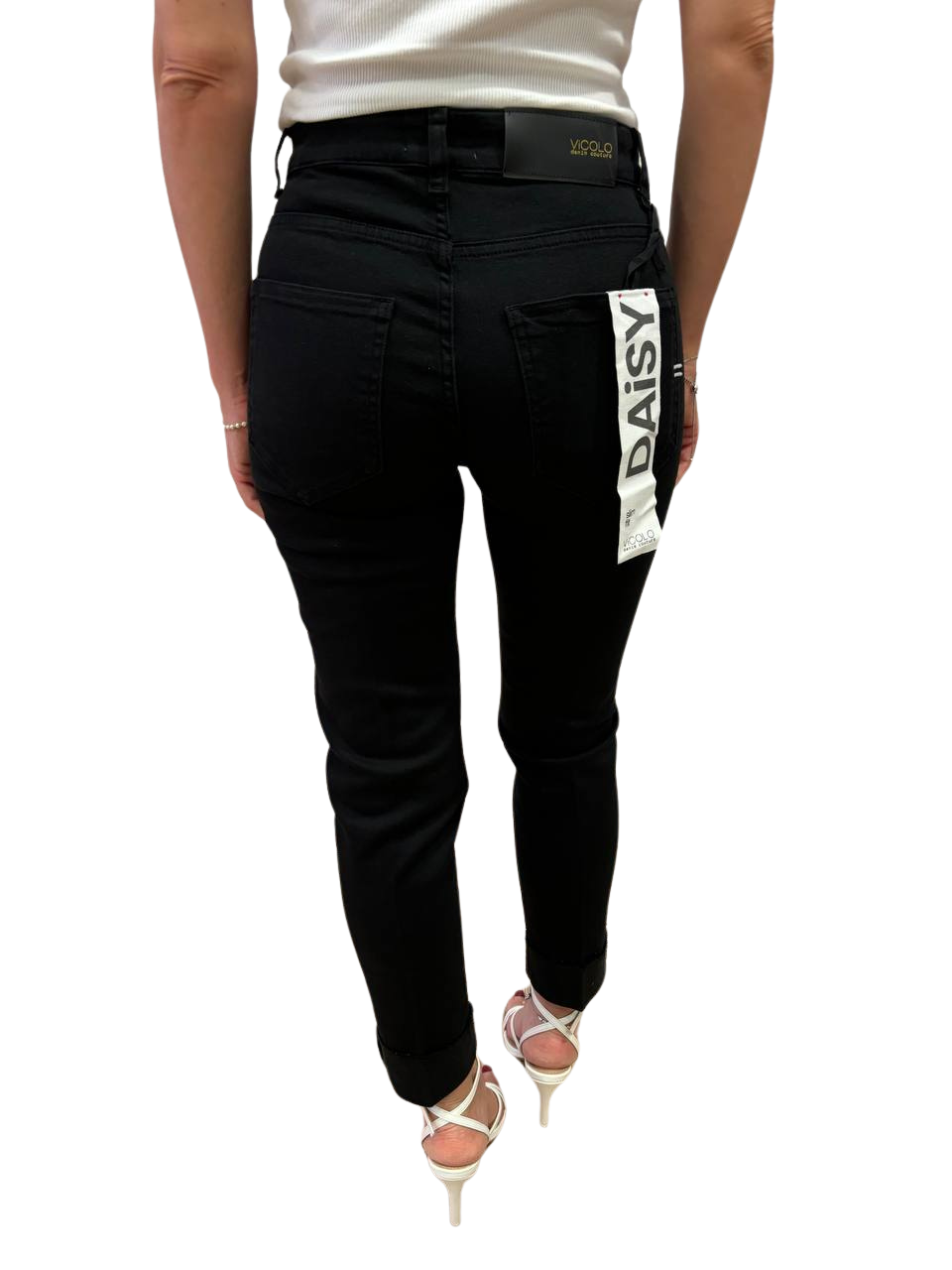 VICOLO - Jeans Daisy slim fit nero alla caviglia con risvolto