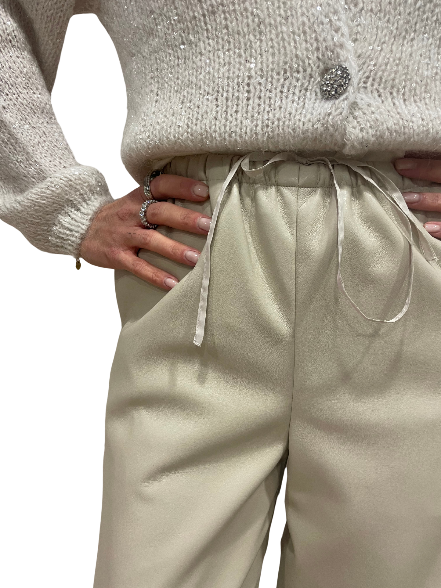 ISABELLE BLANCHE - Pantalone burro in ecopelle a palazzo con coulisse