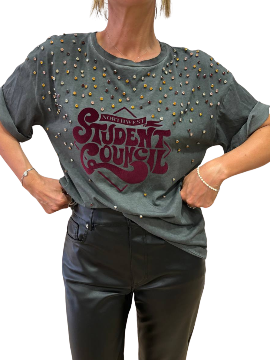 SOUVENIR PRIVE' - T-shirt con applicazioni di strass e scritta "student council"