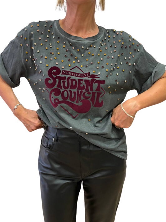 SOUVENIR PRIVE' - T-shirt con applicazioni di strass e scritta "student council"