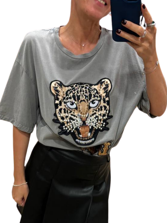 SOUVENIR - T-shirt over grigia con tigre con applicazioni