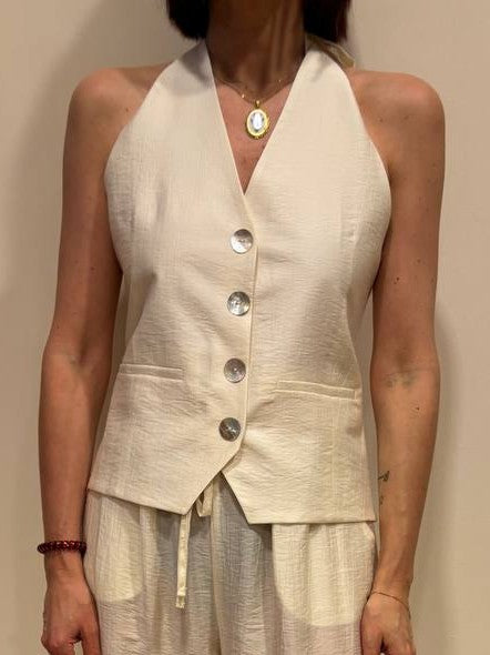 HAVEONE - Gilet con bottoni con dettaglio allacciatura sul retro color burro